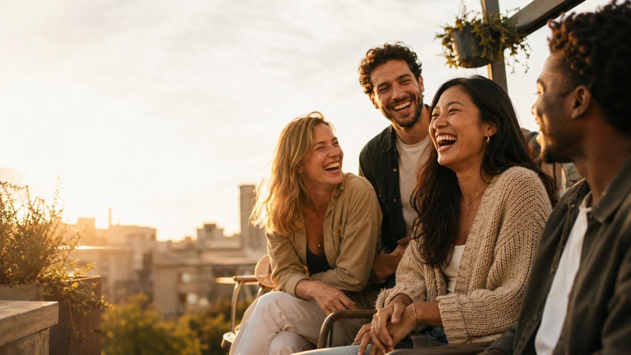 Four friends laughing together on a rooftop at golden hour