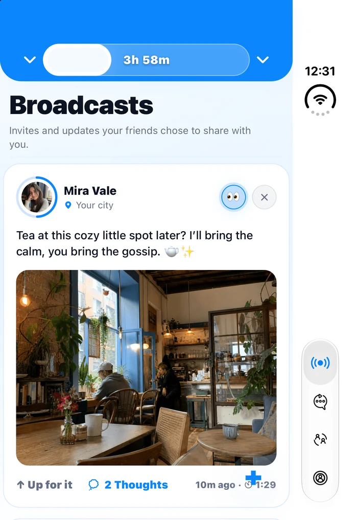 The Up n Around Broadcasts feed on a closed iPhone Duo, with the availability countdown across the top