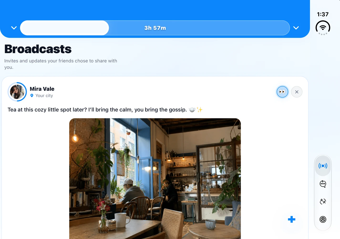 The same Broadcasts feed spread across the opened iPhone Duo’s inner display, with the tab strip down the right edge