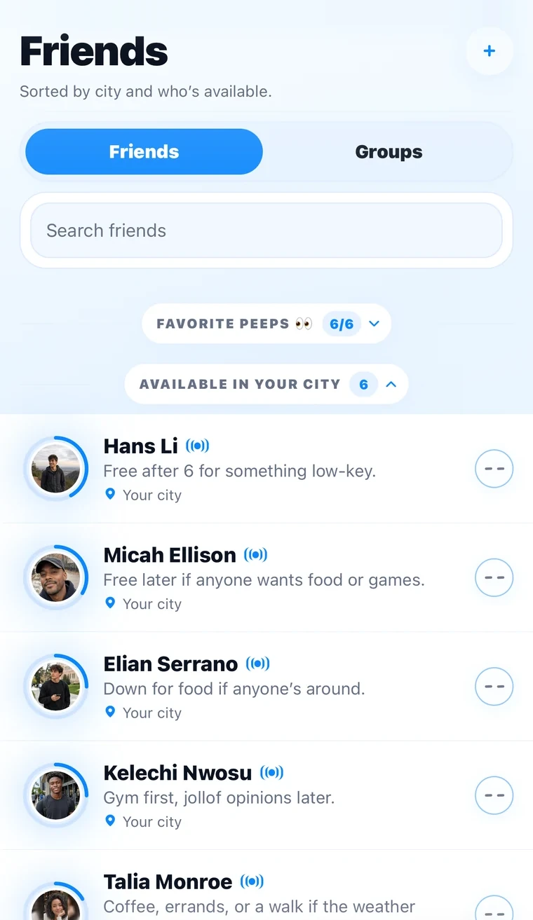 The friends screen showing who is around