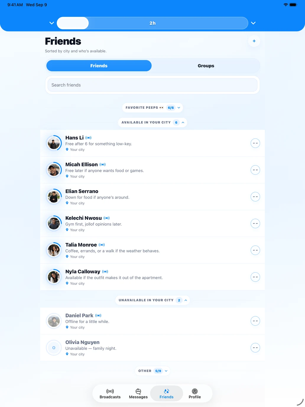 The Up n Around iPad app showing which friends are available in your city