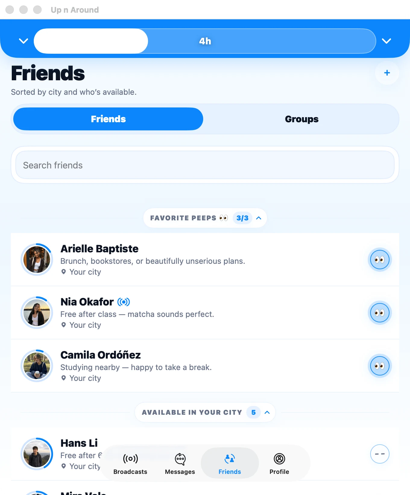 The Up n Around Mac app listing which friends are free right now