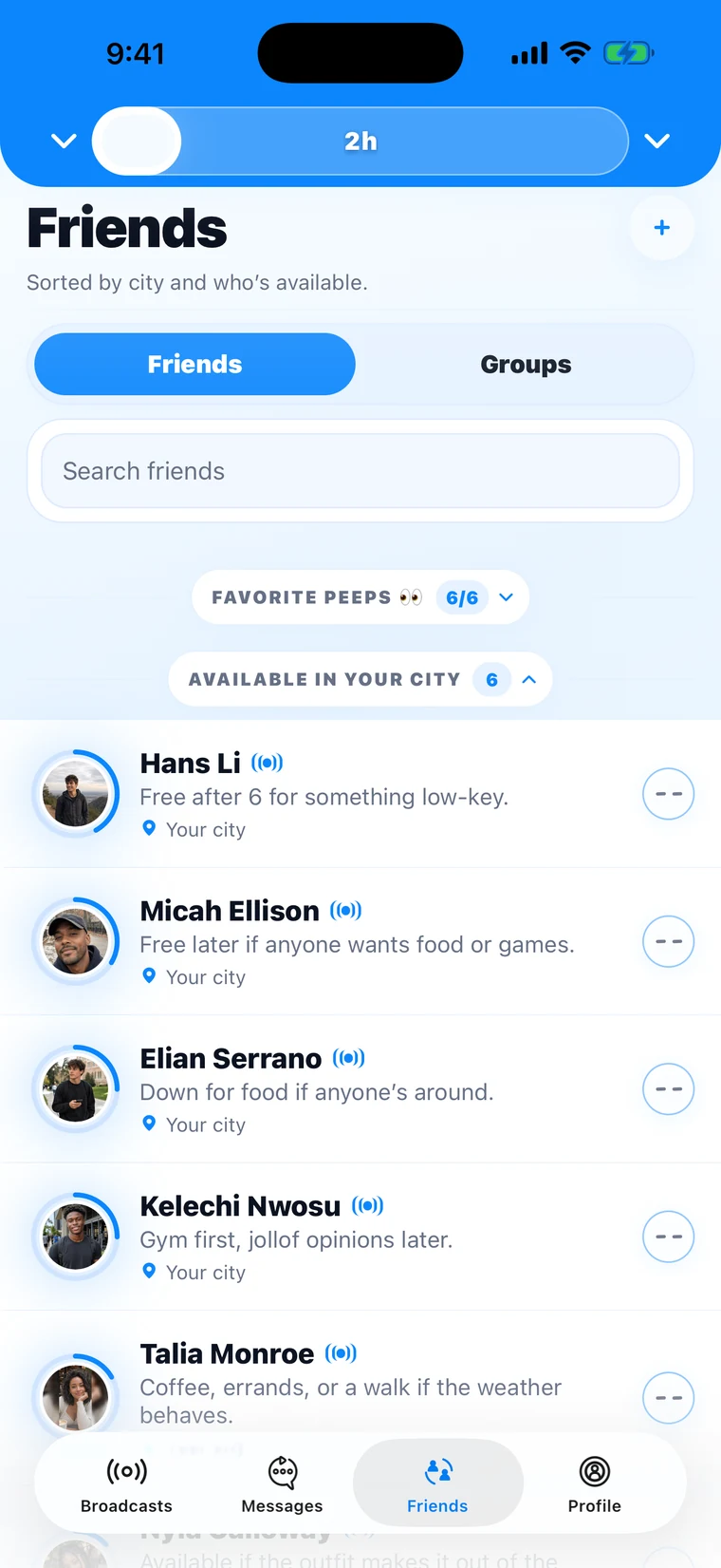 The friends screen showing who is around