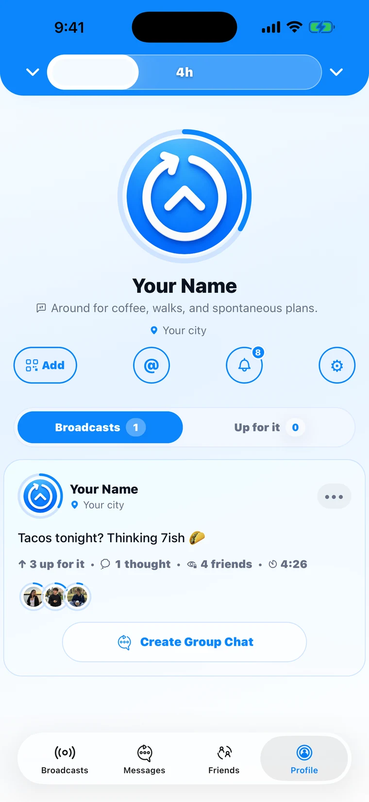 The Up n Around walkthrough showing interest becoming a group chat