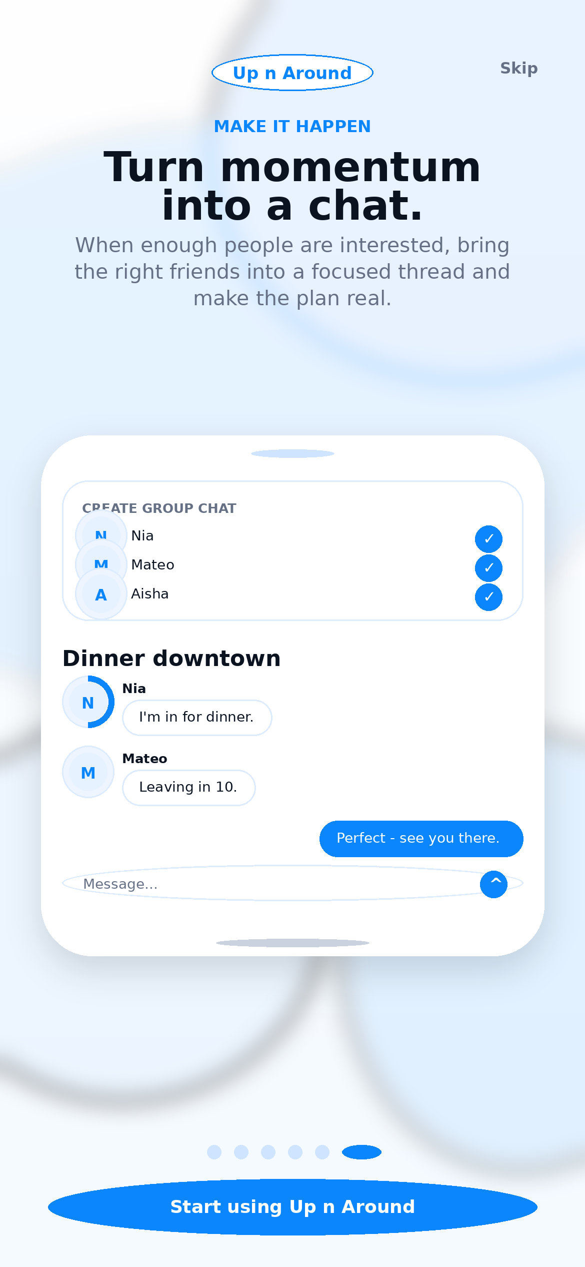 Walkthrough screen for turning interest into a chat