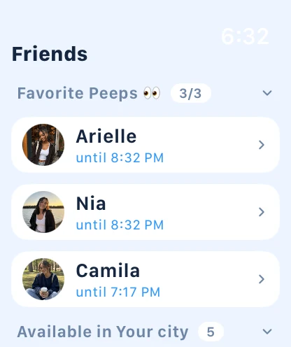 The Up n Around Apple Watch app listing friends who are free and until when